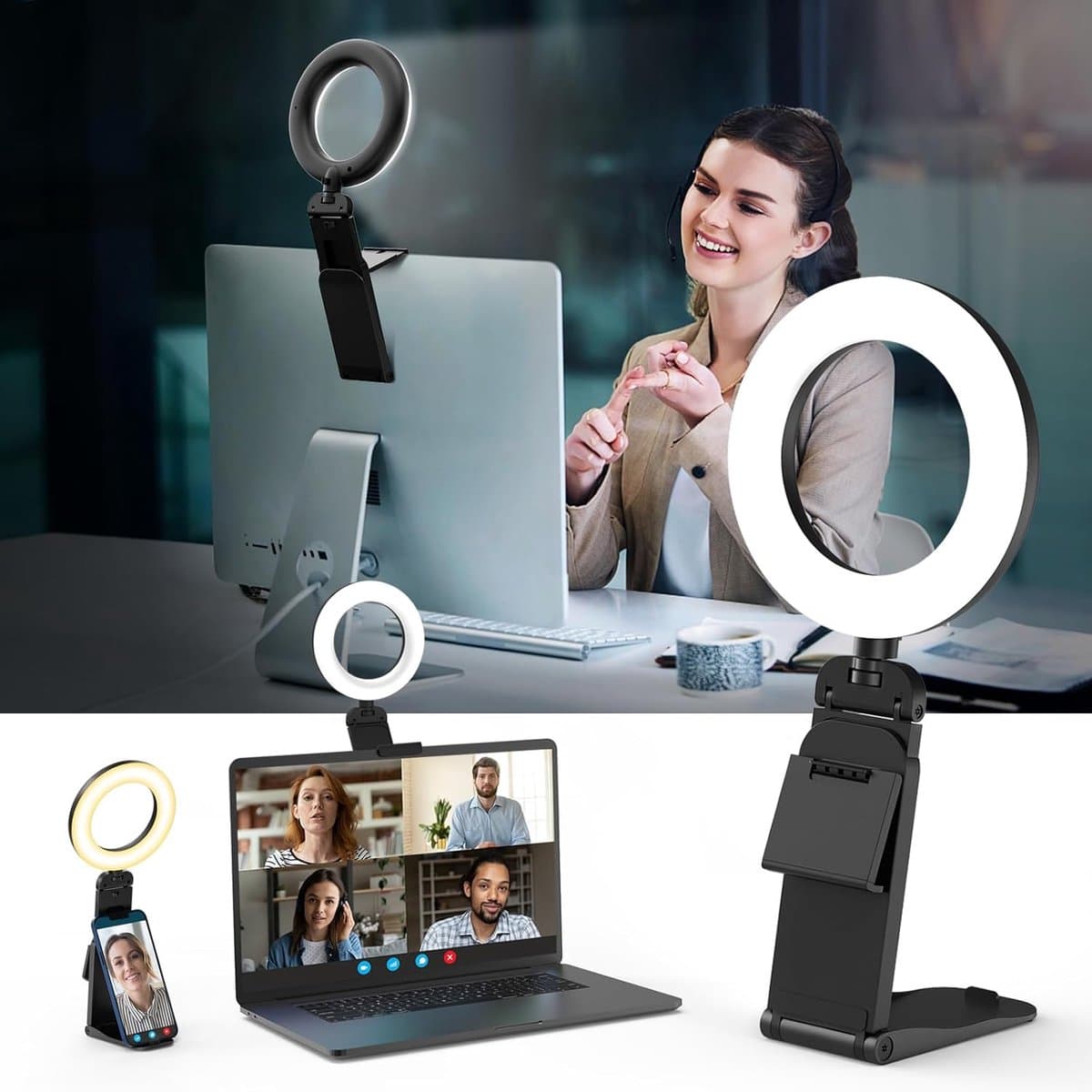 Ringlicht voor Laptop - Video Conferentie Lamp - Online Vergaderingen - 3 Kleuren 10 Helderheid - 5 Inch Diameter - Zwart
