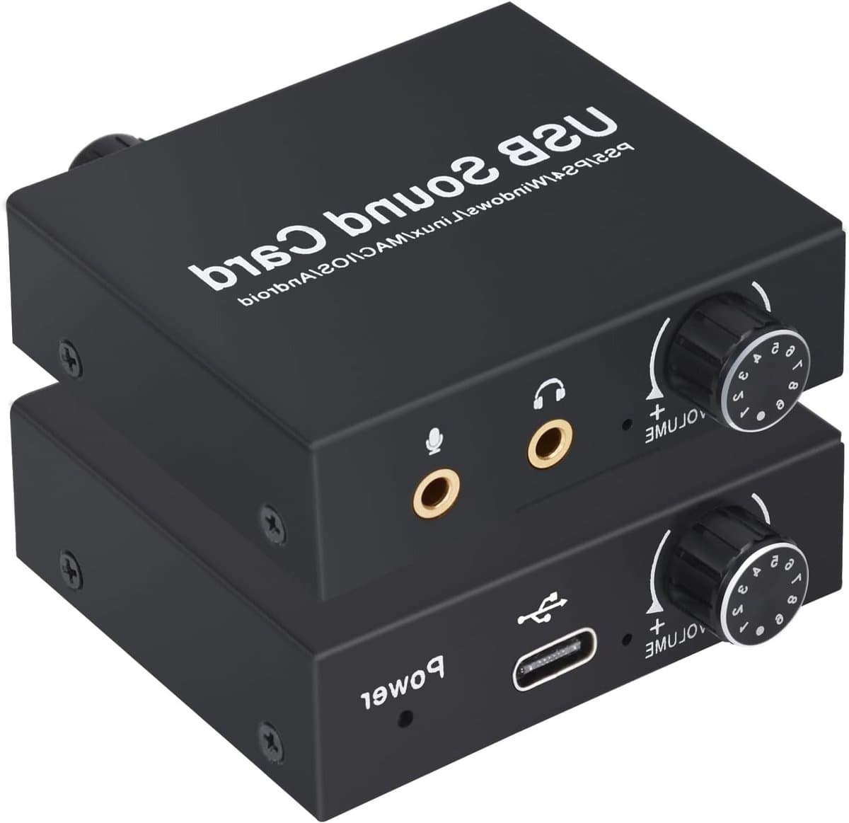 USB Geluidskaart met 3.5mm Hoofdtelefoon- en Microfoonaansluiting, Volume- en Bassregeling voor PS5, Laptops en PC's