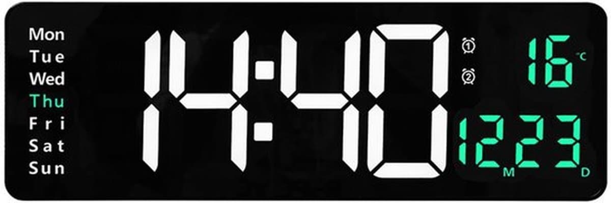Wandklok, minimalistisch design, thermometer/hygrometer, met weergave van de dag van de week, LED-display, vierkante vorm, afteltimer, werkt alleen op netstroom.