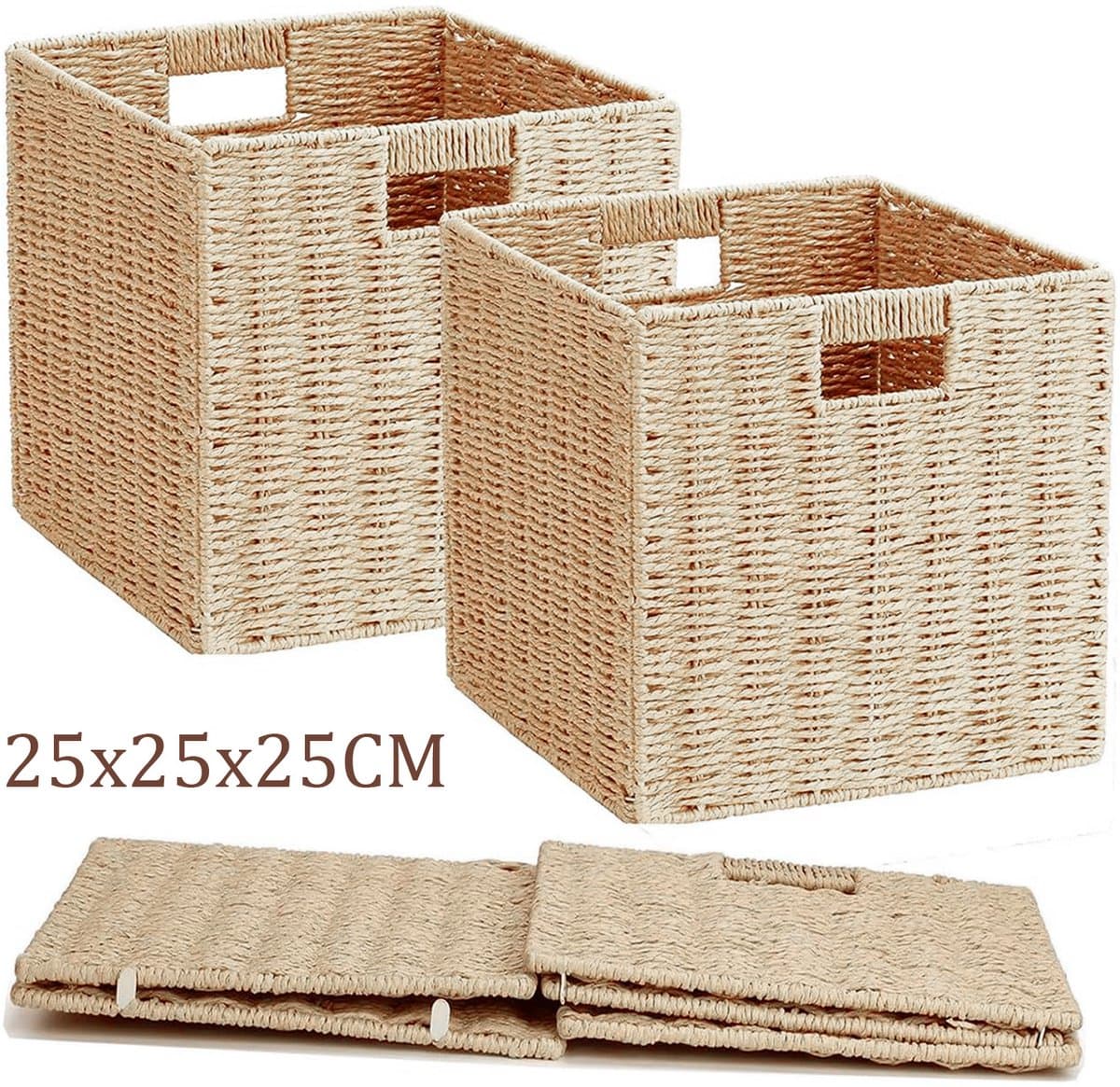 Rotan Opbergmand 2 stuks - Handgevlochten papieren kubus opbergbox - 25x25x25 cm - Opvouwbare opbergmand voor kleding, boeken en speelgoed - Past in kast en kubus opbergmeubel