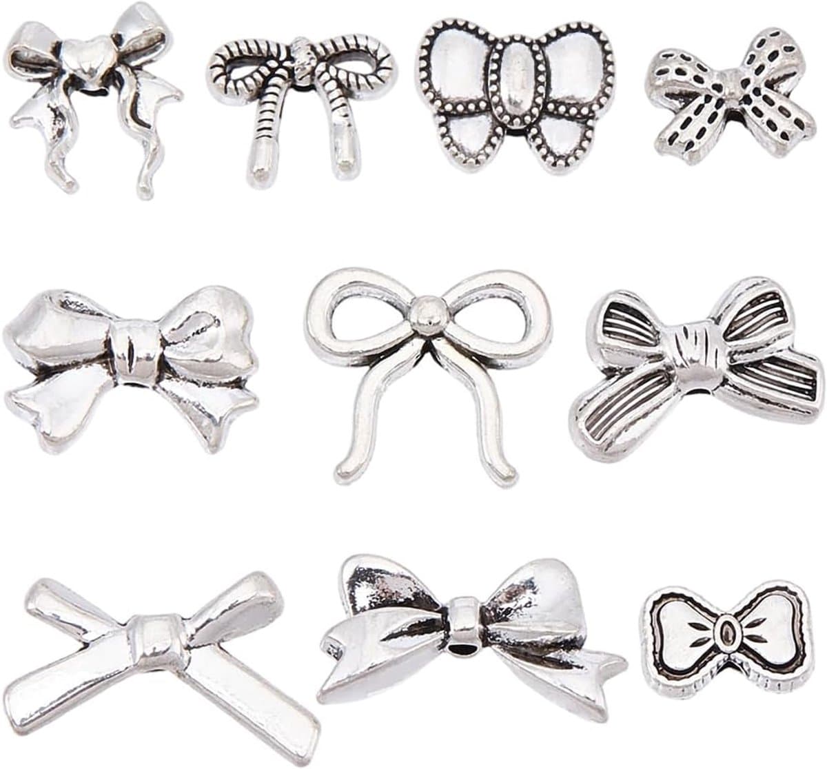 100 Stuks 10 Stijlen Tibetaanse Stijl Strik Vorm Legering Losse Kralen Antiek Zilver Leuke Strik Tibetaanse Spacer Kralen voor DIY Sieraden Ketting Oorbel Armband Sleutelhanger Maken