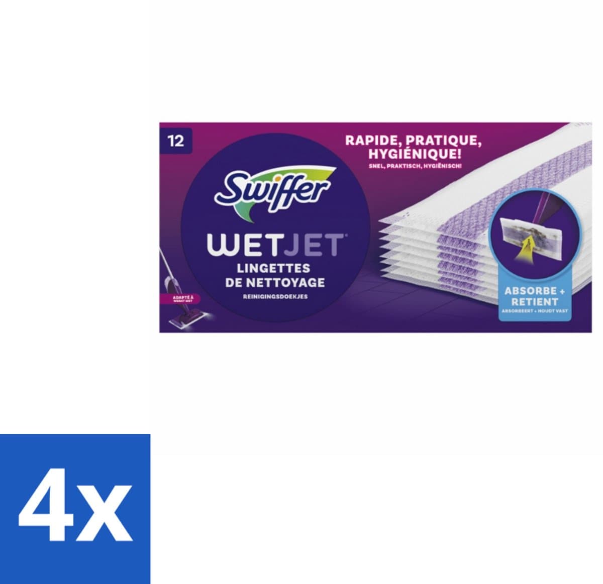 4 x Swiffer - WetJet – Reinigingsdoekjes – Navullingen – 12 doekjes - Absorberende Navuldoekjes - Spraymop Doekjes - Vloer Reinigen - Vuil Opnemen - Vet Opnemen