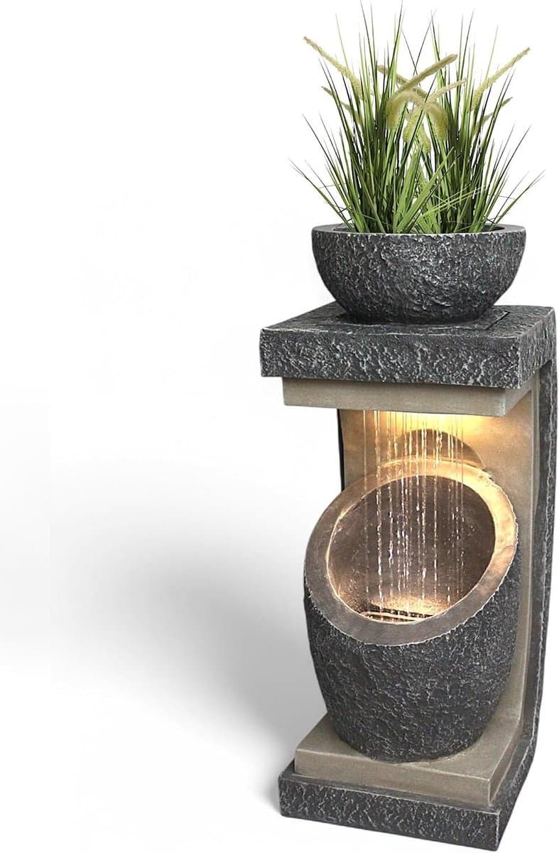 Tuinfontein met led - Waterornament buiten - Ontspanning creëren - Beplantbare decoratieschaal - 81 cm hoog - Steenlook