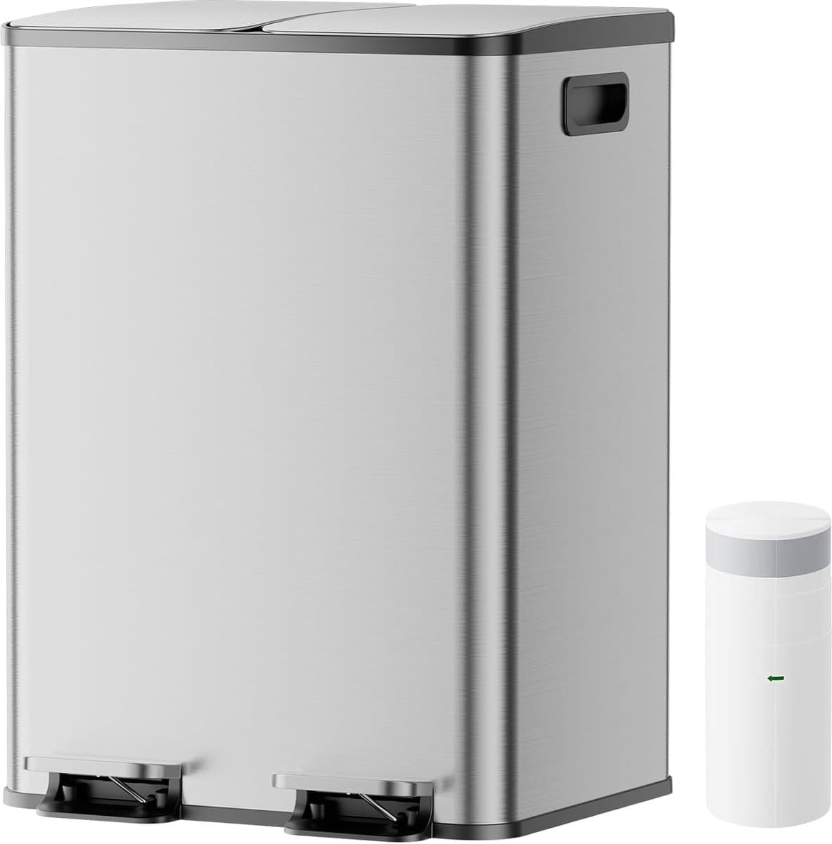 YASHE RB2-20 afvalscheidingsprullenbak 40L - 2 x 20L RVS pedaalemmer met soft-close deksel, uitneembare emmers en 20 zakken
