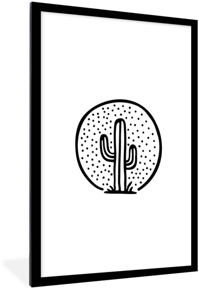 Poster in lijst - Fotolijst 60x90 cm - Posters - Zwart-witte illustratie van een cactus - Posterlijst zwart - Decoratie - Wanddecoratie woonkamer - Muurdecoratie slaapkamer