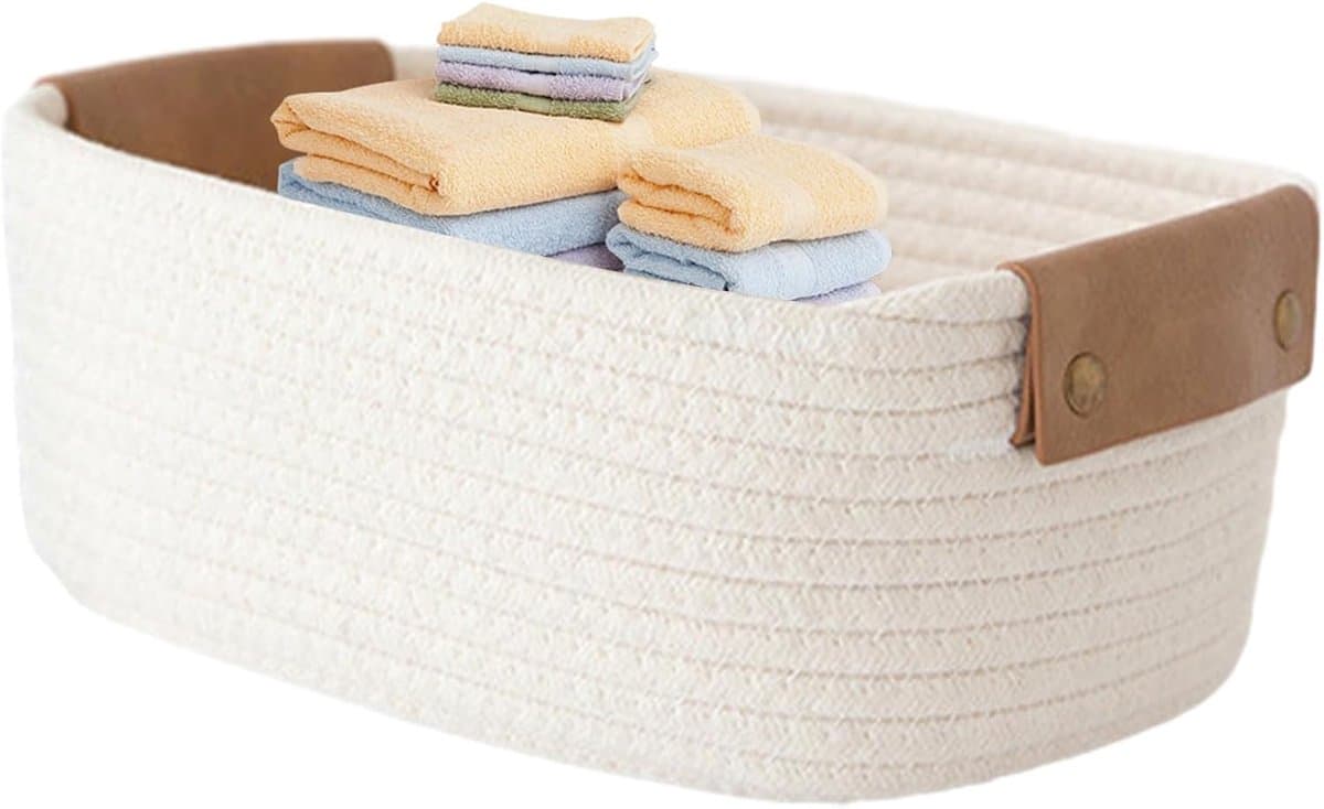 Katoenen Touwmand - Opbergmand Geweven - Ruimte Organiseren - Met Leren Handvatten - 32 x 24 x 13 cm - Beige