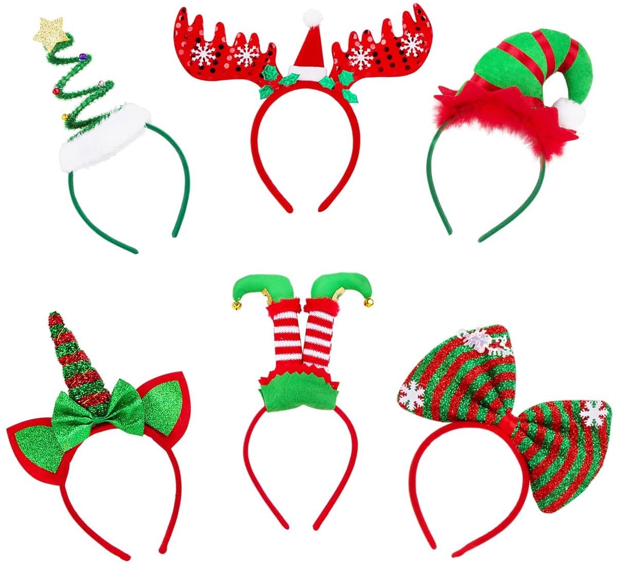 Dailygoods- Haarbanden 6 Stuks - Grappige Kersthoofdbanden - Flexibele Hoofdbanden - Geschikt voor Kinderen/Volwassenen - Perfect voor Feest/Carnaval - Materiaal: Polyester/Kunststof