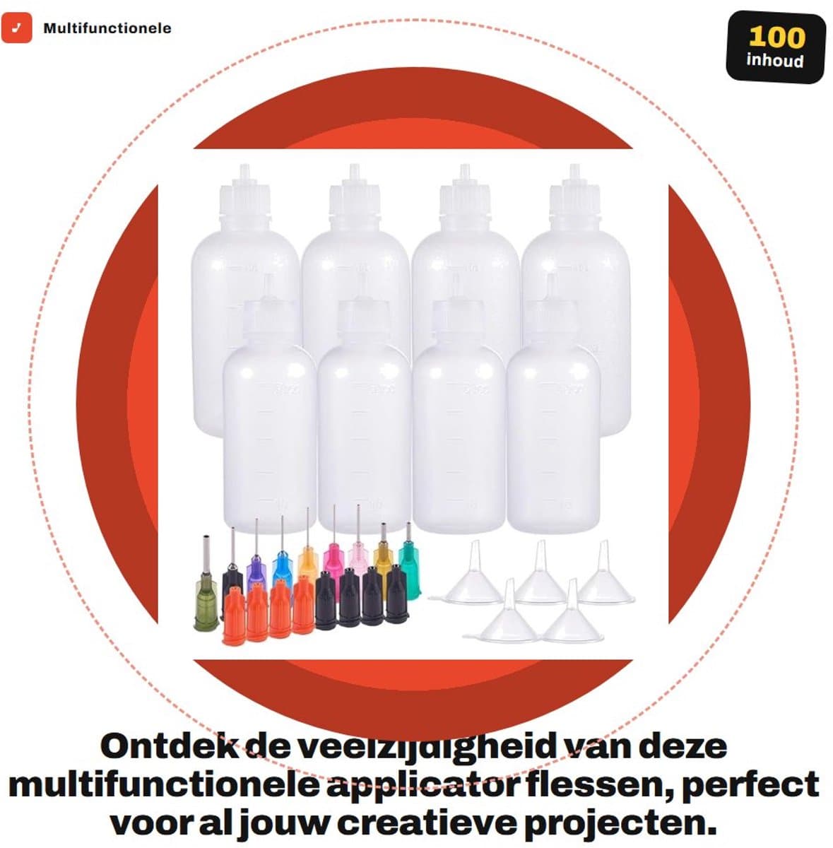 Dailygoods- Applicator Flessen Set 8-Pack - Precisie Tip - Knijpflessen 50/100ml - Roestvrij Stalen Punt - Voor Lijm/Lak/Vloeistoffen - Flexibele Kunststof - Knijpfles