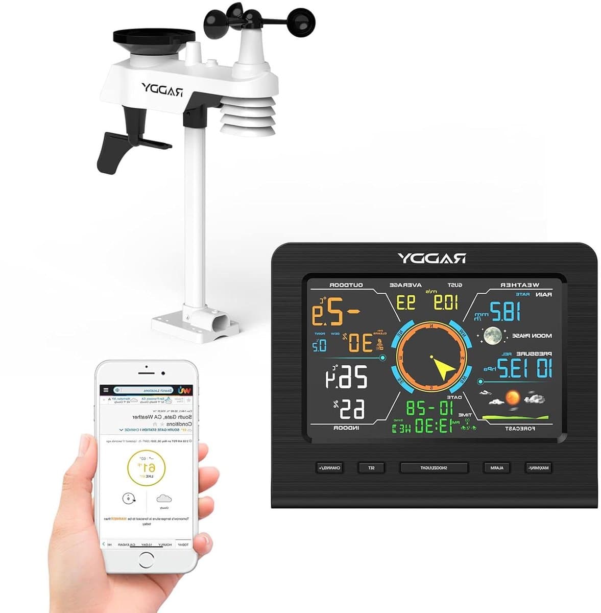 Weerstation Binnen Buiten - Weer Monitor - Weersvoorspelling Thuis - 13-in-1 Functies - 100m Draadloos - Zwart