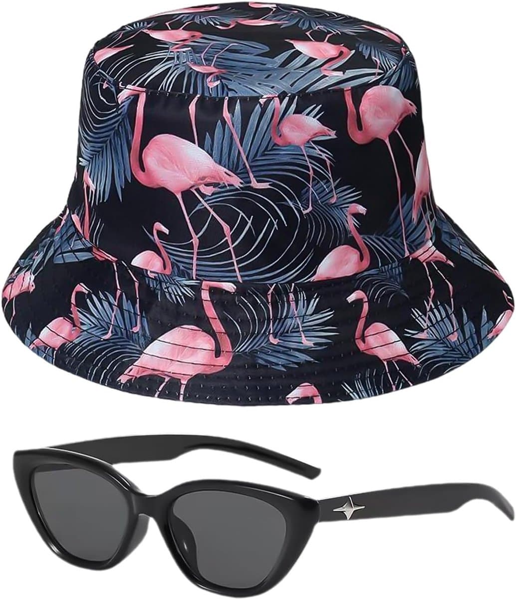 1 flamingo vissershoed, 1 zonnebril, dameszonnehoed, zomerhoed, zonnehoed voor dames, zwart, S-M