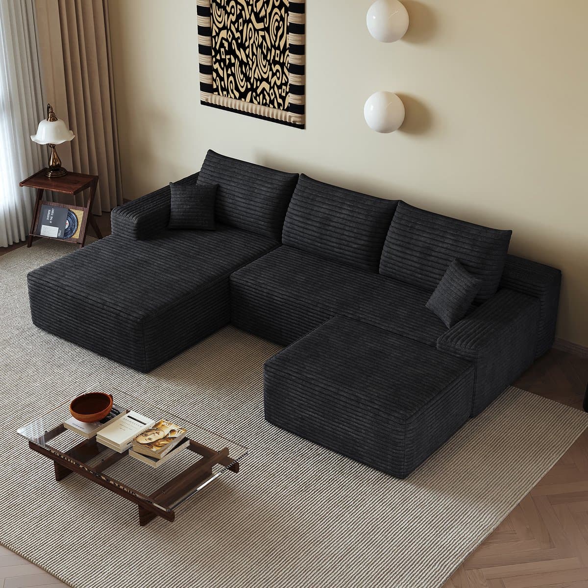 STILVORA Hoekbank 270 x 175 cm - Modulaire 4-Zits Met Chaise Longue En Diepe Zitting - Voor Woonkamer En Slaapkamer - Corduroy Zwart