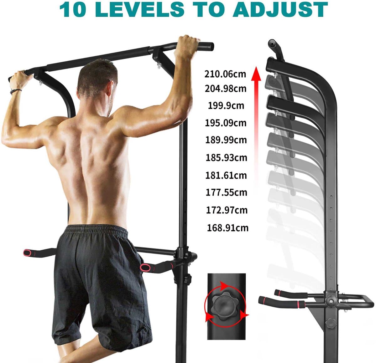 MIVRAY Krachtstation – Verstelbare Power Tower – 168,91 tot 210,06 cm – IJzer – Zwart – Thuis Fitness en Krachttraining