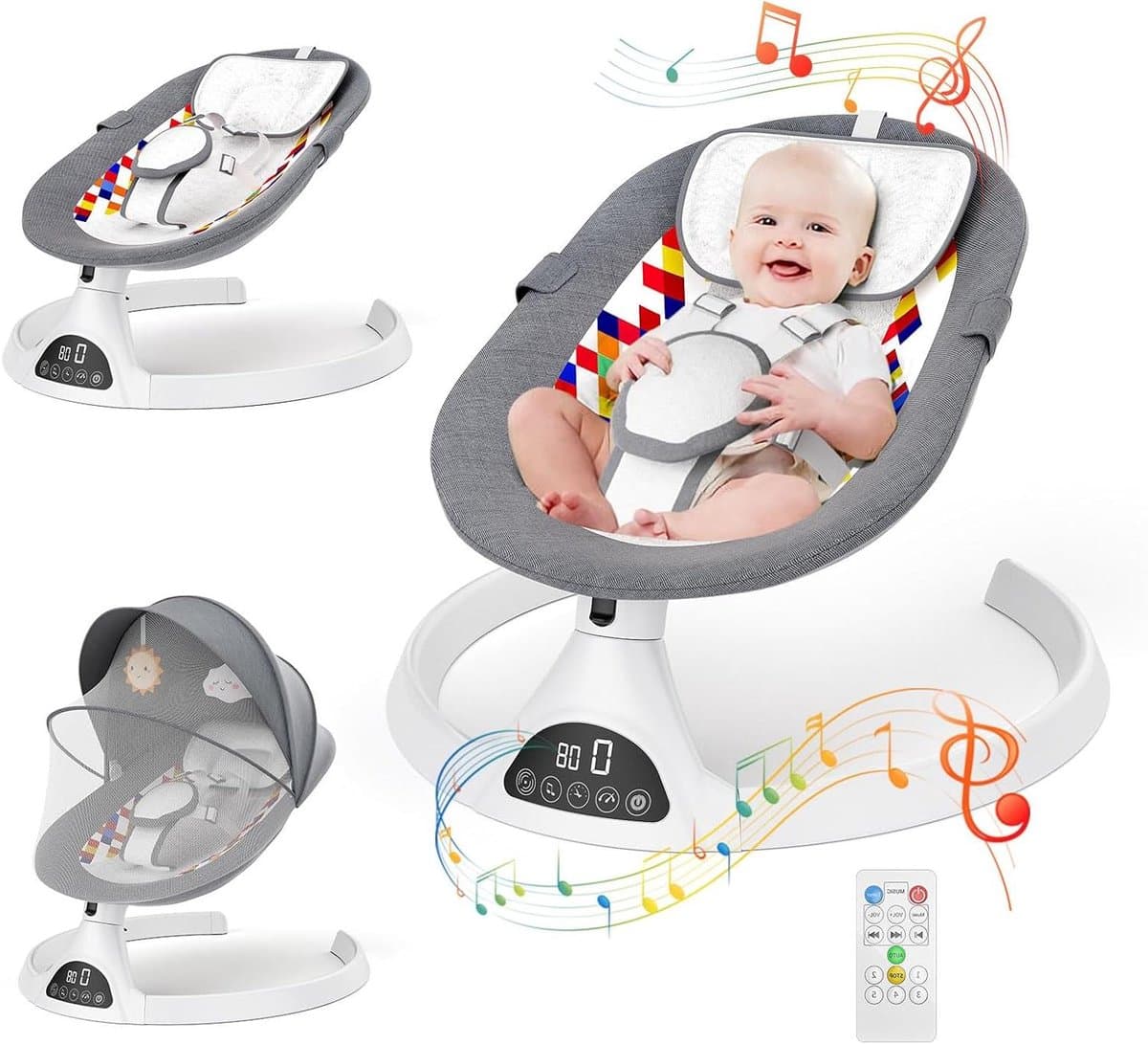 Babyschommel Elektrisch - Babywipper Muziek - Baby Kalmeren - 5 Schommelstanden - 0-6 Maanden - Donkergrijs