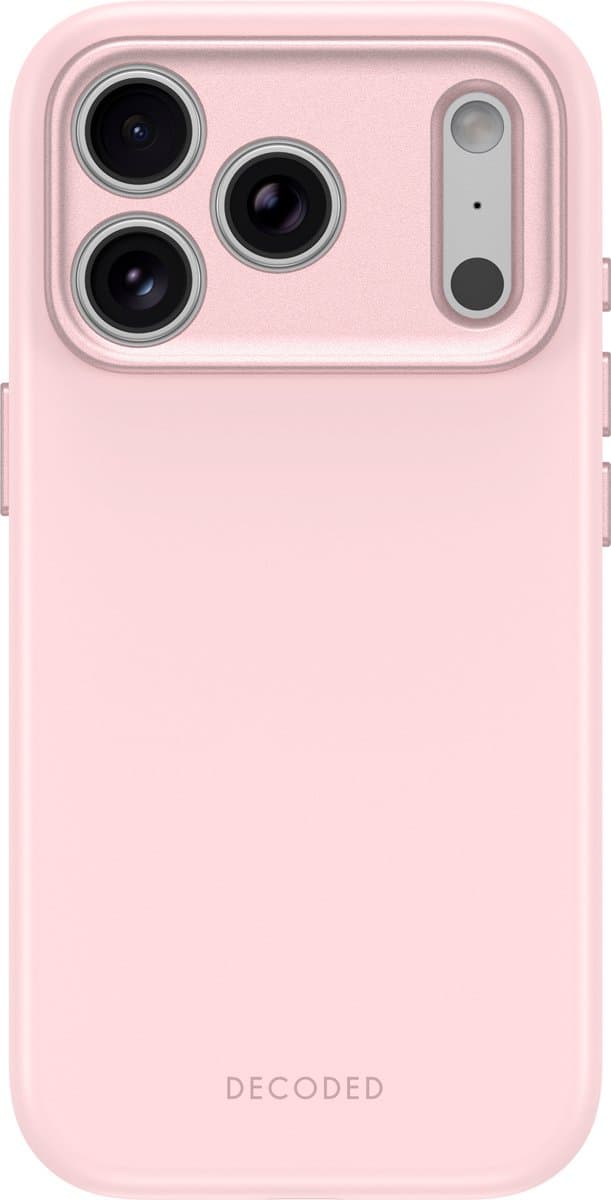 DECODED Siliconen Hoesje voor iPhone 18 Pro, Premium Soft-Touch, Antibacteriële Coating, Geschikt voor MagSafe, Krasbestendig, Metalen Knoppen, Stevige Grip, Licht Roze