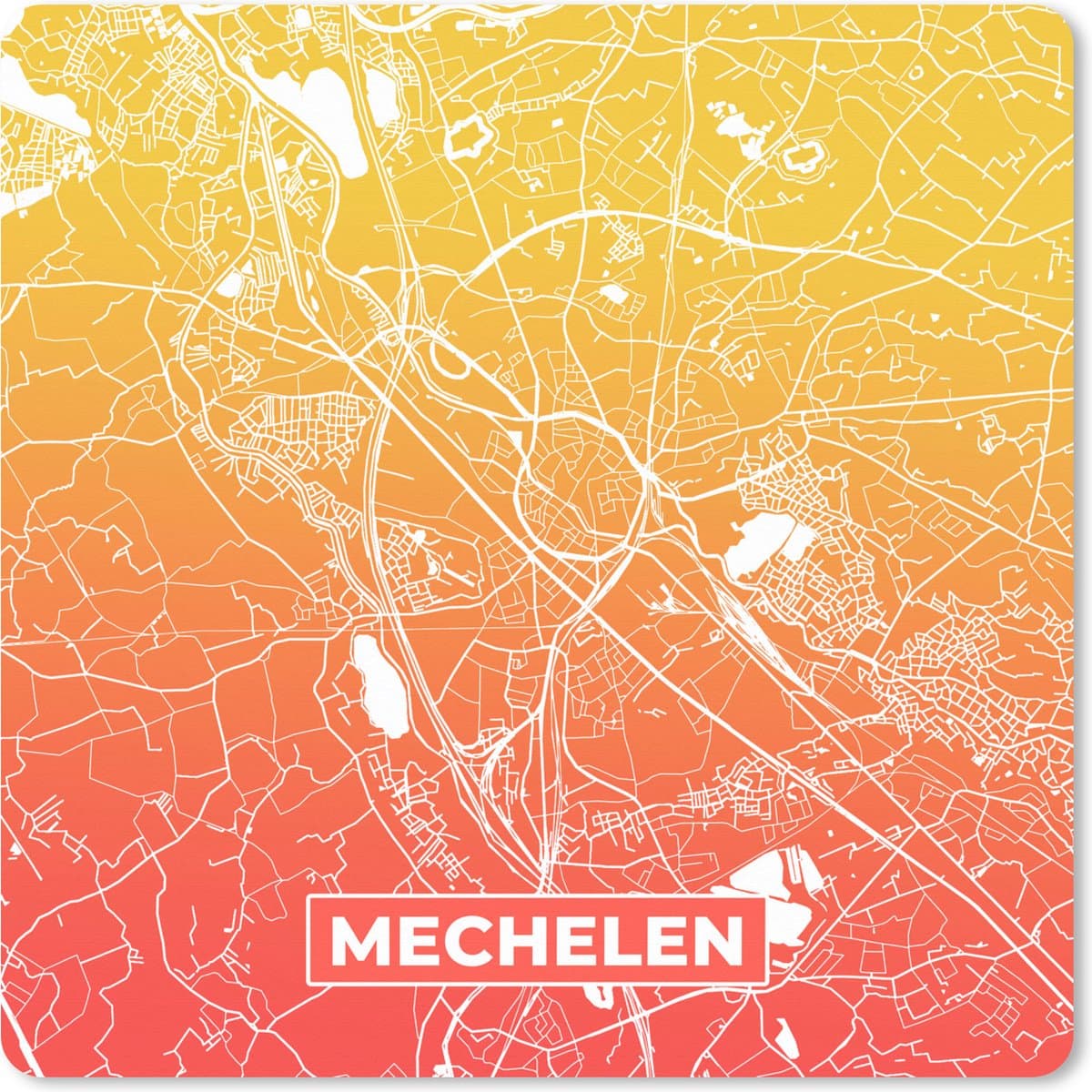 Muismat XXL 80x80 cm - Bureau onderlegger - Bureau mat Stadskaart - Mechelen - Oranje - Geel - Bureaumat - Gaming mousepad xl - Bureaulegger groot - Computer deskmat