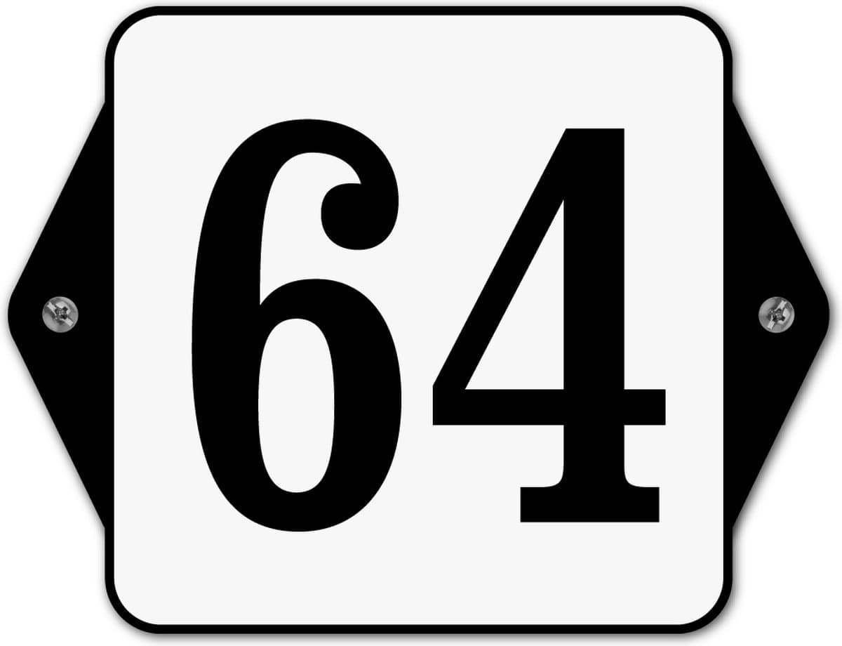 Huisnummerbord klassiek - huisnummer 64 - 16 x 12 cm - wit - schroeven - nummerbord - voordeur