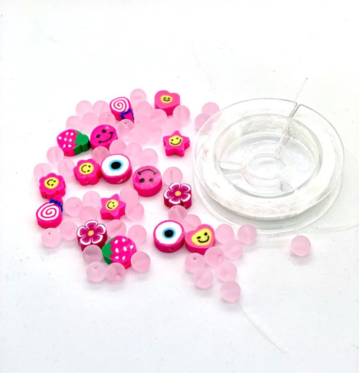 Hobby & Crafting Fun kralen set Katsuki Smileys met draad roze 64 stuks.