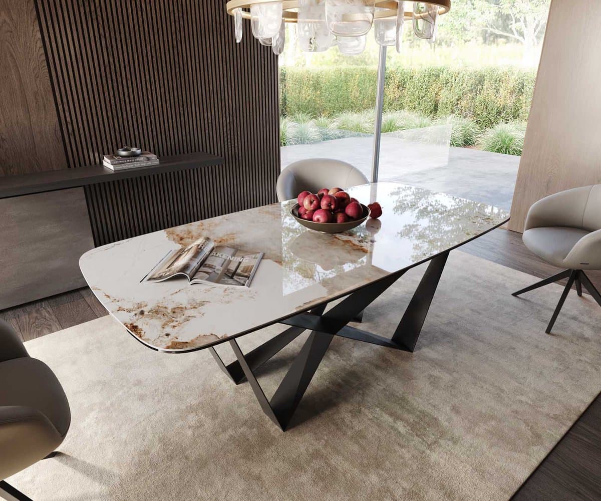 Eetkamertafel Edge wit-beige Boot keramiek Minas Melange 200x100 spider vlak staal zwart