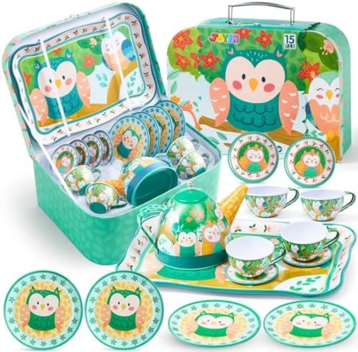 Uil Tuin Theeset voor Peuters Theekransje Set voor Kinderen Kinderen Pretend Rollenspel Tin Theepot Set met Bekjes, Borden en Draagtas Keuken Speelgoed voor Kleine Meisjes Verjaardagscadeaus