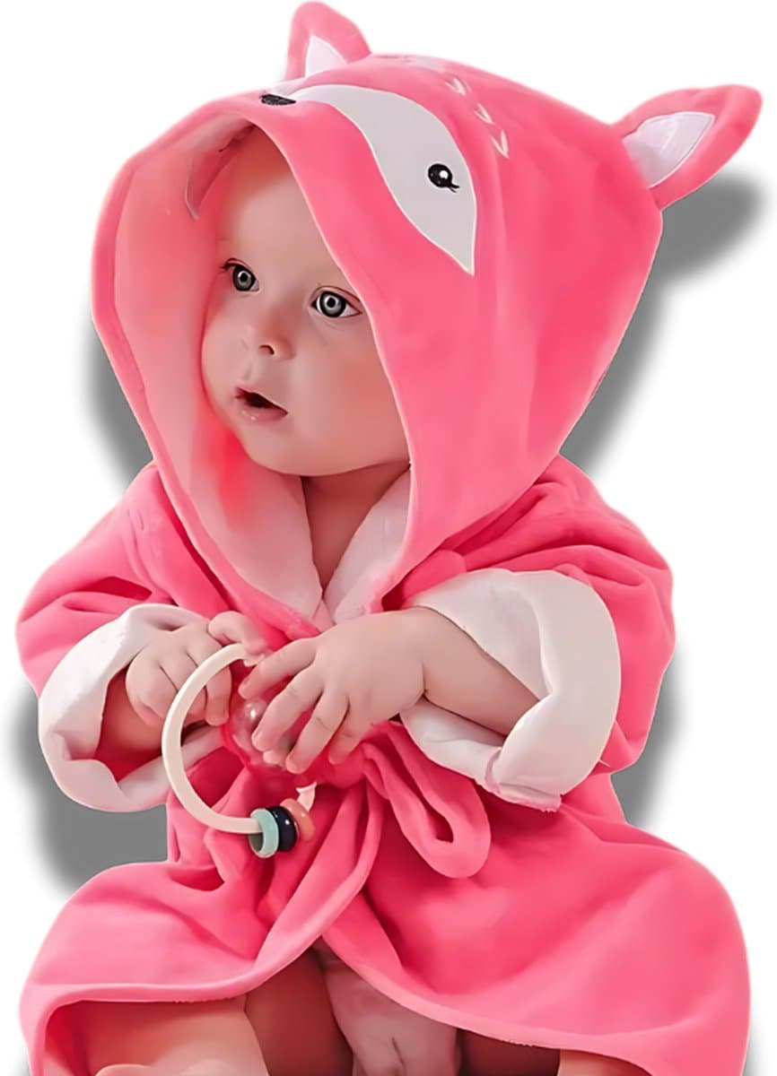 BoefieBoef Vos Bamboe Kinder badjas 2-4 jaar (105 cm lang max) – Luxe, Superzacht & Hypoallergeen – Eco Kleuterbadjas met Dieren Capuchon – Absorberende Peuter Handdoek Jongen & Meisje – Cadeau Zwemles, Carnaval & Verjaardag Roze
