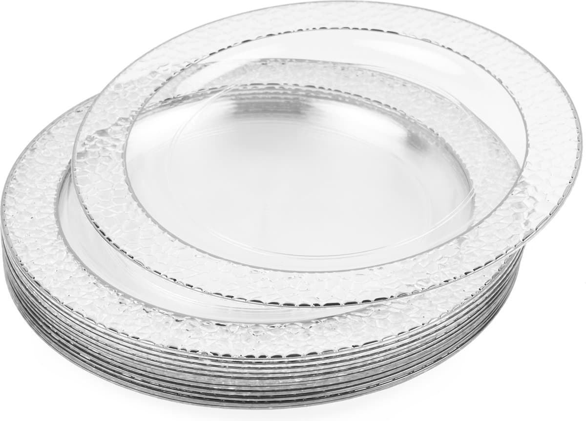 MATANA 20 Doorzichtige Plastic Borden met Zilveren Rand (26cm), Feestbordjes voor Bruiloften, Verjaardagen, Dopen, Kerstmis & Feesten - Elegant, Stevig en Herbruikbaar
