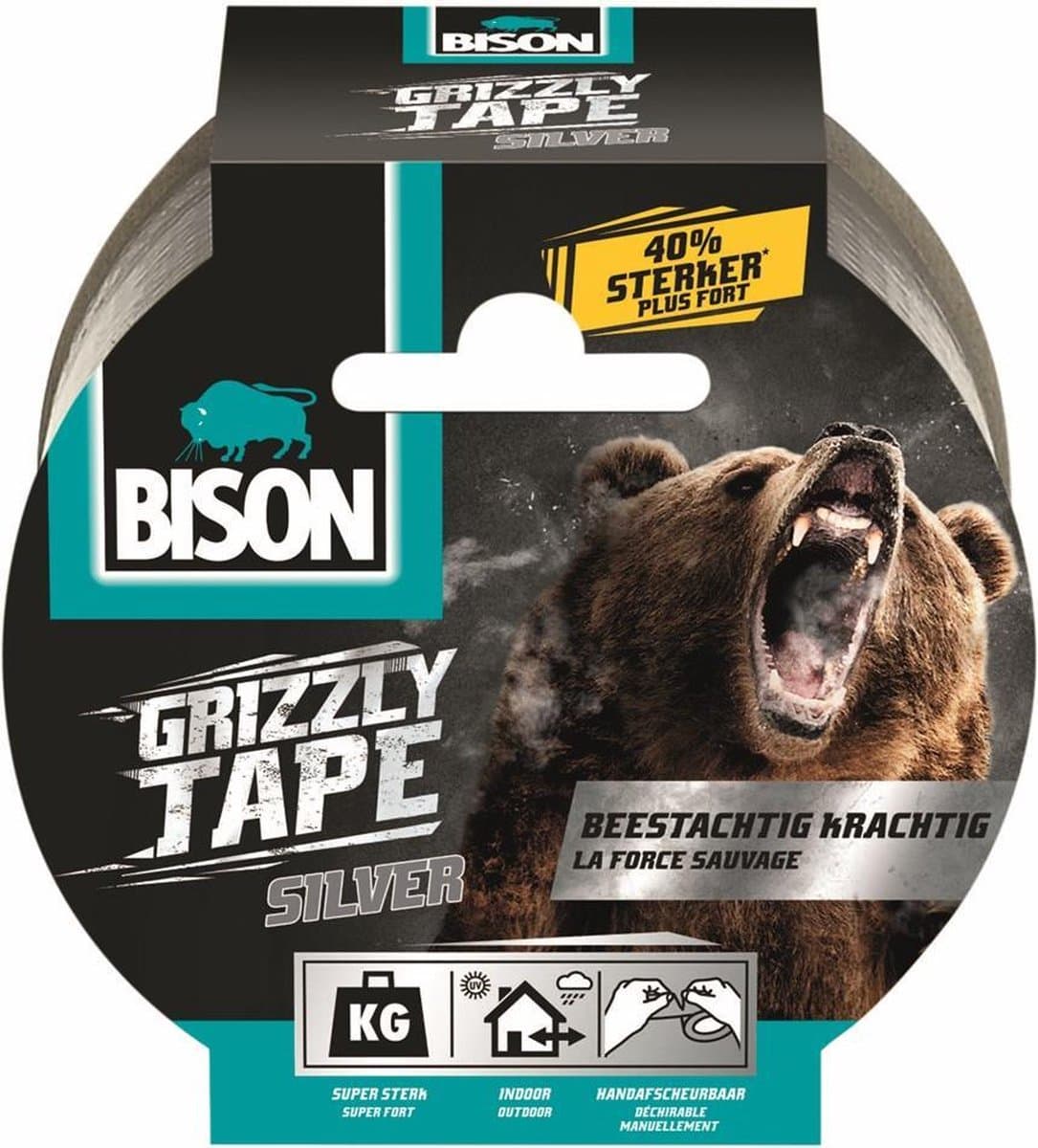 Bison Grizzly Tape® Rol 25 meter x 5cm, beestachtig krachtig, weerbestendig, extra dik, vlekkeloos verwijderbaar, eenvoudig scheurbaar met de hand, UV-bestendig