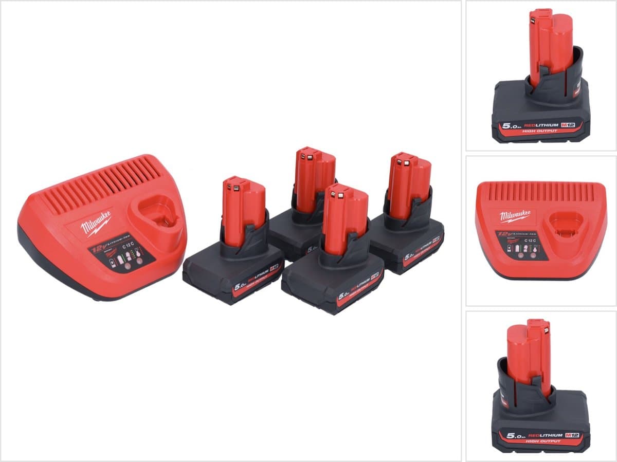 Milwaukee M12 HNRG-504 Accu Startset 4x HB5 High Output 12 V 5.0 Ah / 5000 mAh Li-Ion accu ( 4x 4932480165 ) + M12-C12C lader