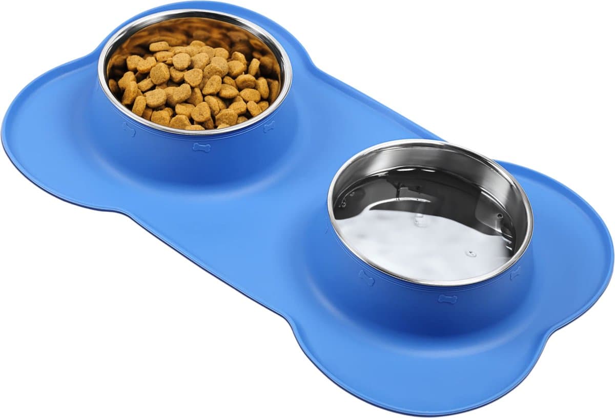 JAXY Voerbak Kat - Voerbak Hond - Voerbakken - Drinkbak - Voerbakjes Kat - Kattenvoerbakjes - RVS - Voedselveilig Siliconen - Blauw - Maat M