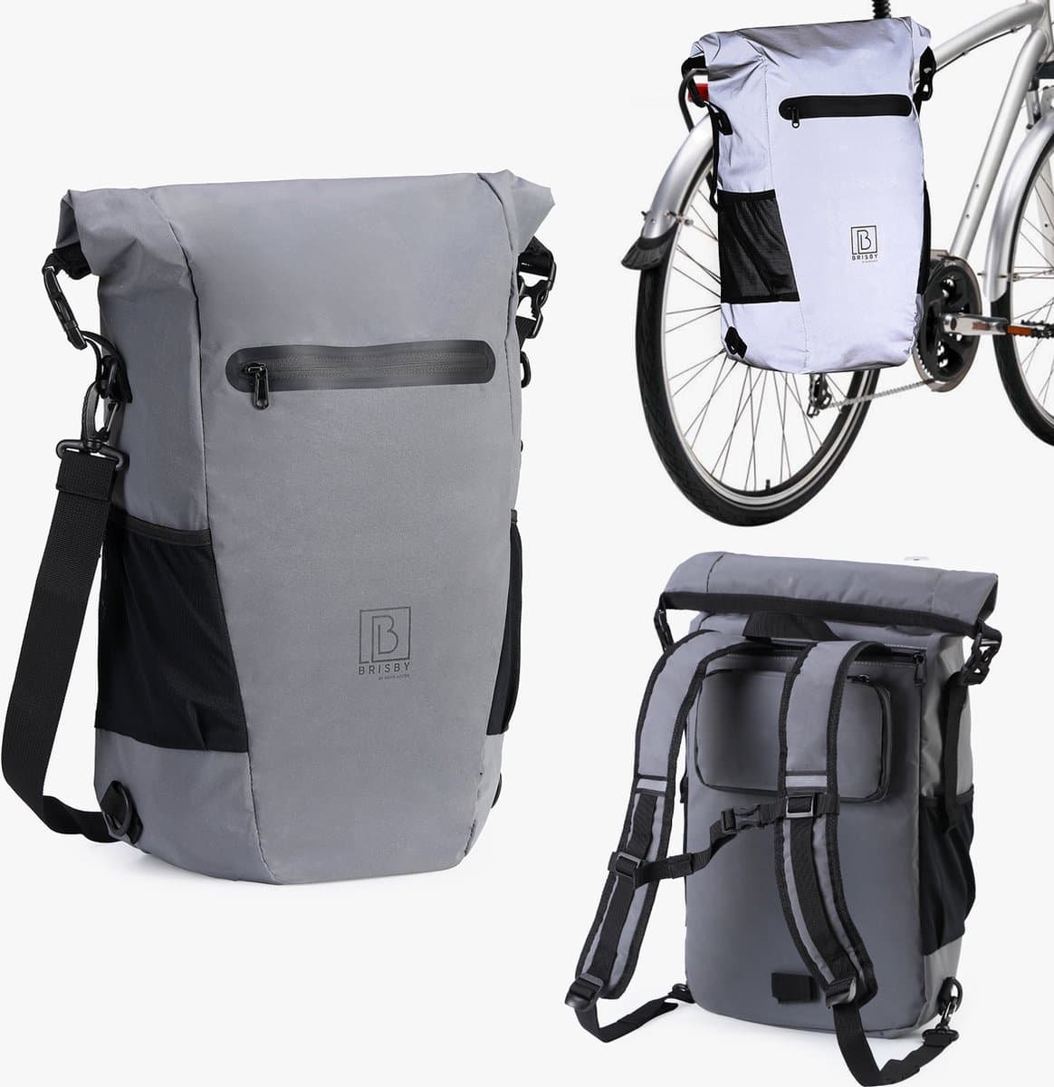 Brisby 20-26 Liter 3 in 1 Waterdichte Rolltop Fietstas - Rugtas - Schoudertas - Ook Voor Elektrische Fiets - 100% Reflectie