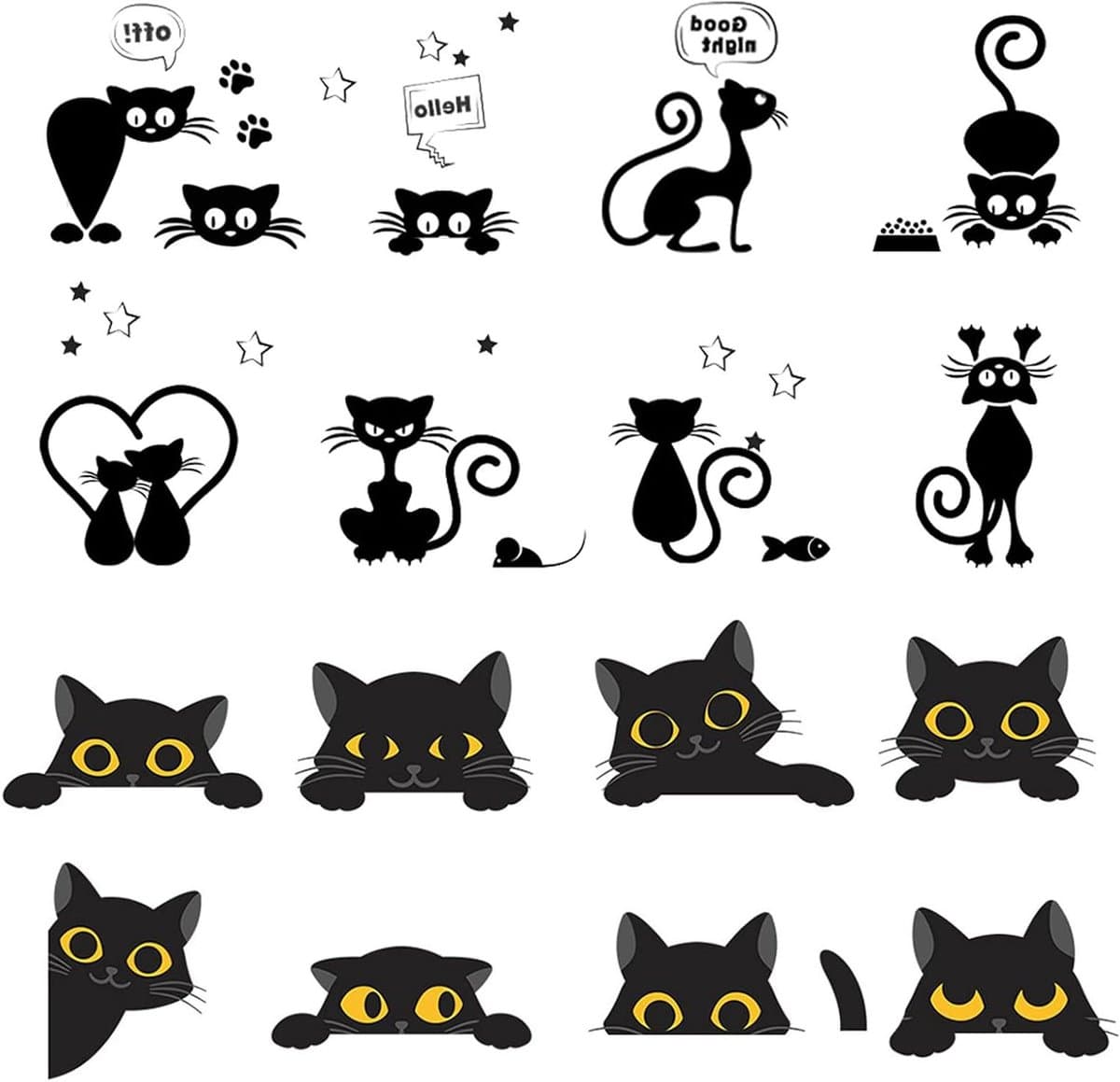 Grappige dieren muurstickers voor lichtschakelaar - Kat - Zwart - 16 stuks