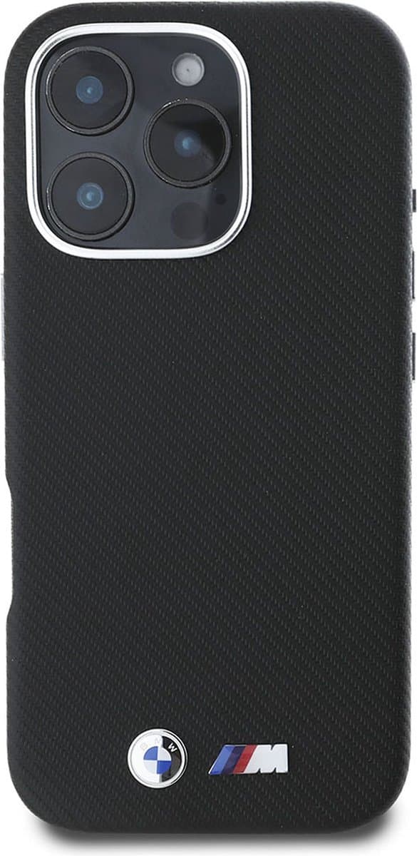 BMW, Beschermhoesje Geschikt voor Apple iPhone 16 Pro Max ultrabestendig Kevlar-patroon, Zwart