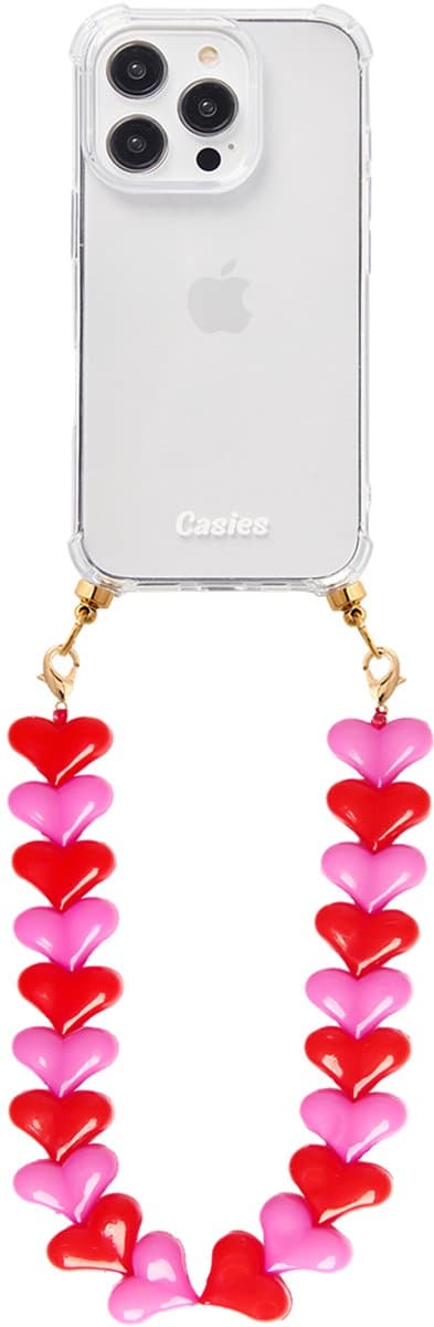 Casies hoesje geschikt voor Apple iPhone 15 met rood roze harten koord - telefoonhoesje met chunky hartenkoord - Transparant - Cord case