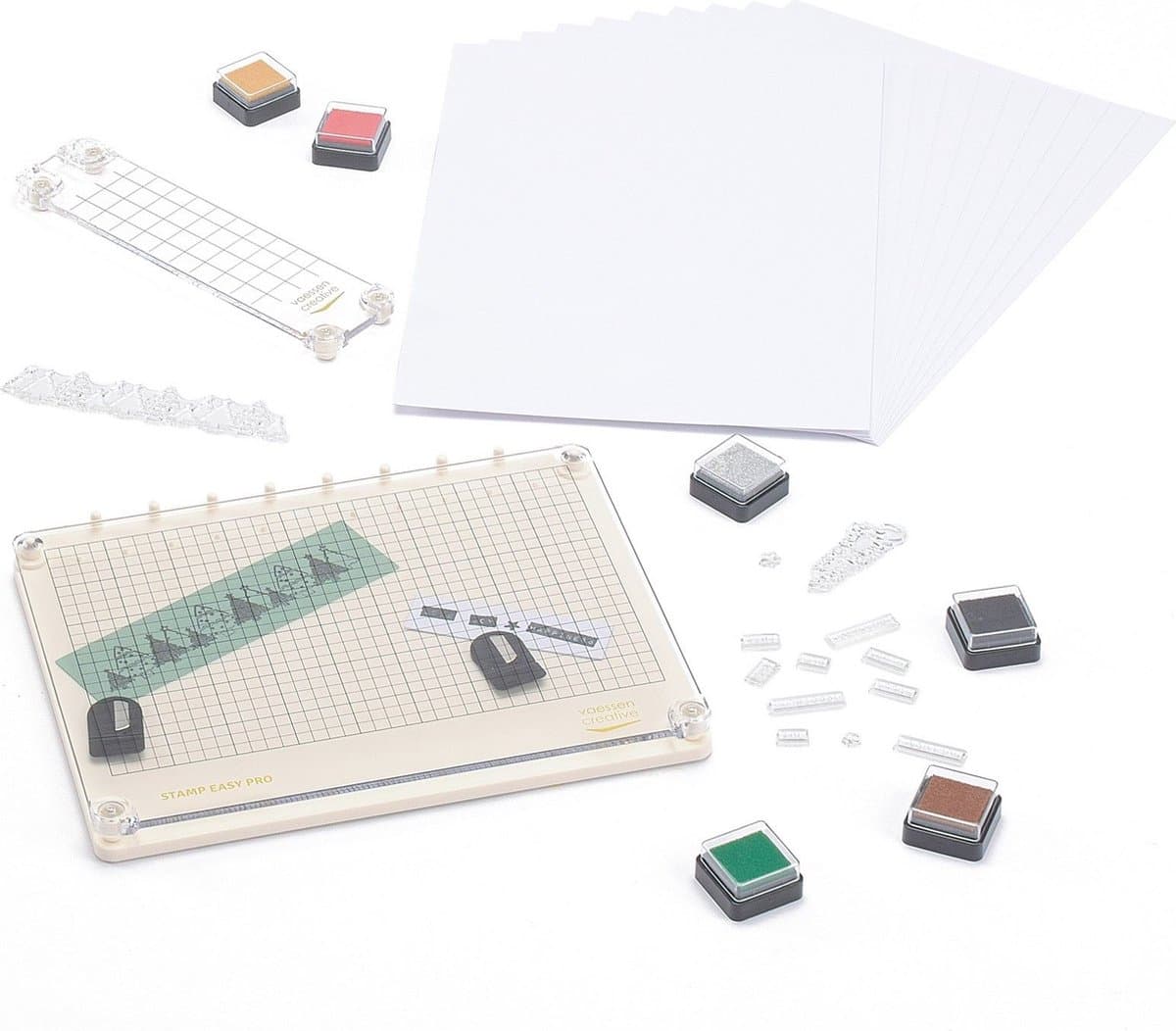 Vaessen Creative Stempelhulp - Stamp Easy Pro Starterset - 23,8 x 17,5 cm - met Clear Stamps, Stempelkussens en Aquarelpapier