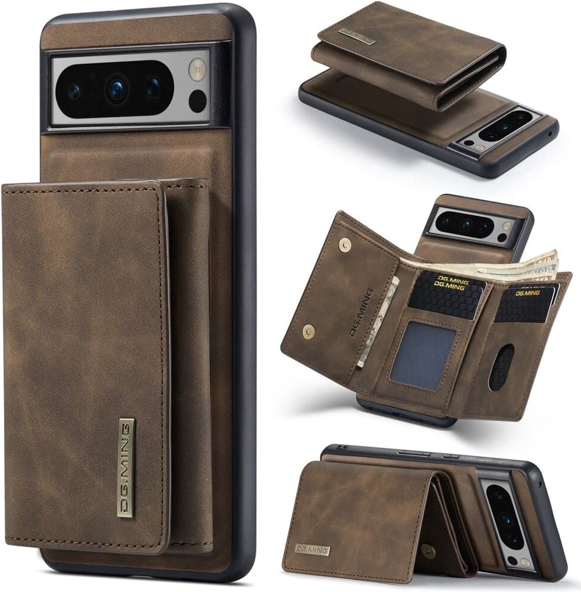 DG Ming Hoesje voor de Google Pixel 8 Pro - Back Cover met Magnetische Kaarthouder - Telefoonhoesje met Pasjeshouder op achterkant Coffee