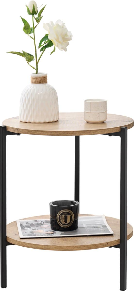 Bijzettafel Kuopio rond 50x40 cm zwart en houtkleurig