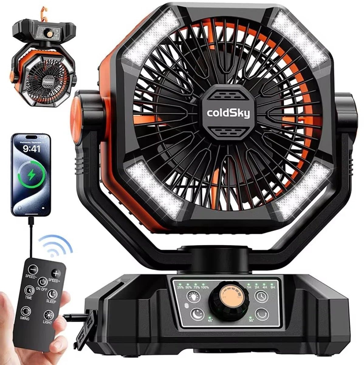 Velmio Camping Ventilator - 20000 mAh - Oplaadbare Ventilator met Lamp & Powerbank - Met Afstandsbediening - 8 Windstanden - Voor Camping, Tent & Noodgebruik - Oranje -