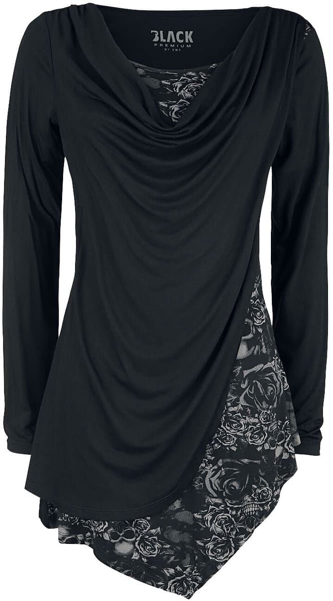Black Premium by EMP Zwart longsleeve shirt met watervalhals en print - Dames - 5XL