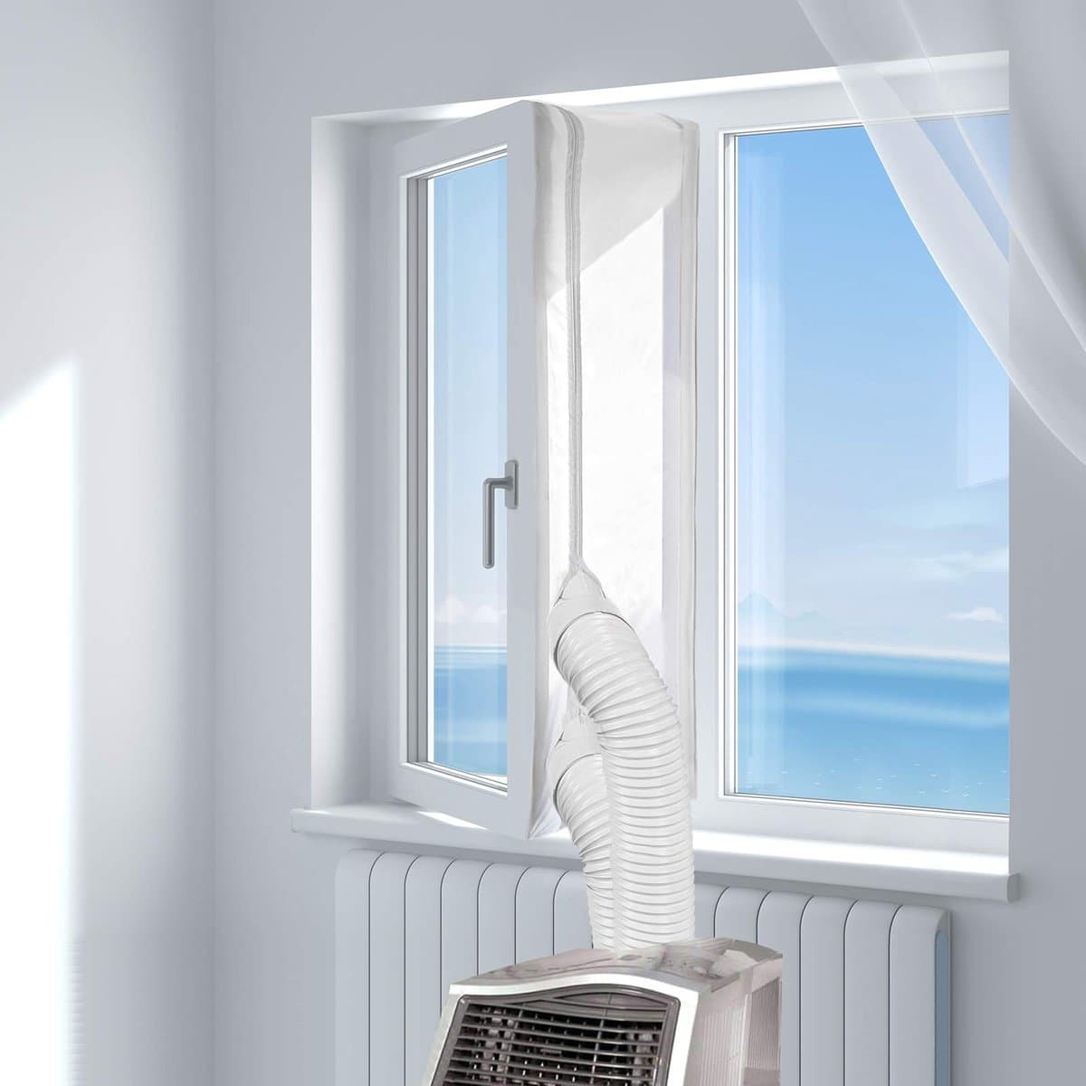 Airco Raamafdichting 400 cm - Universele Raamkit voor Mobiele Airco & Droger - Doek met Dubbele Ritssluiting - Geschikt voor Dubbele Slang - Zelfklevend - Wit