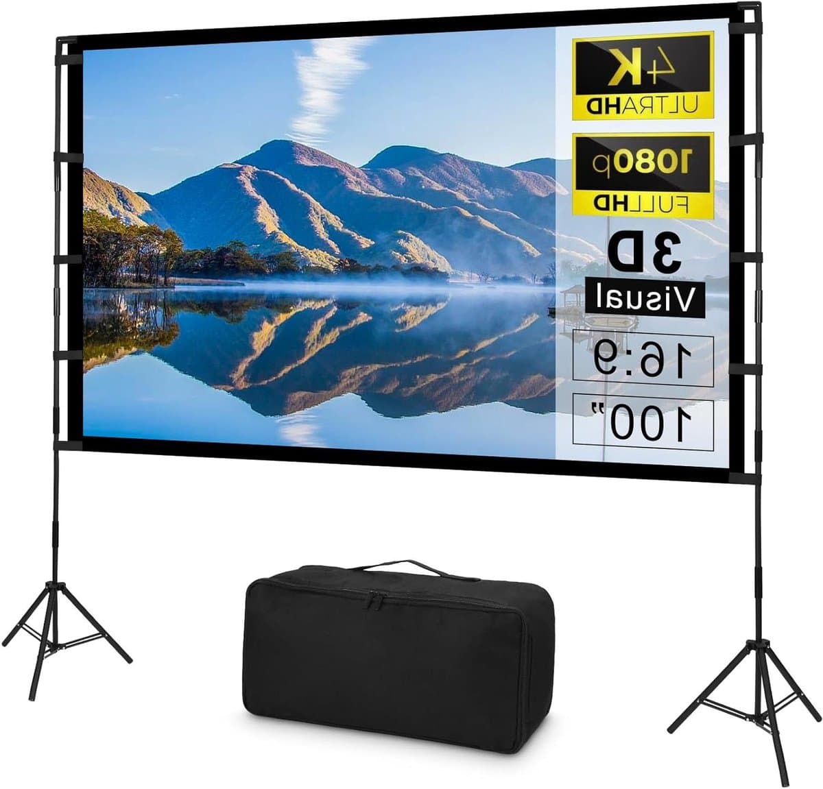 Projectiescherm met statief - Draagbaar bioscoopscherm - Buitenfilm kijken - Kreukvrij polyester - 100 inch diagonaal - Wit