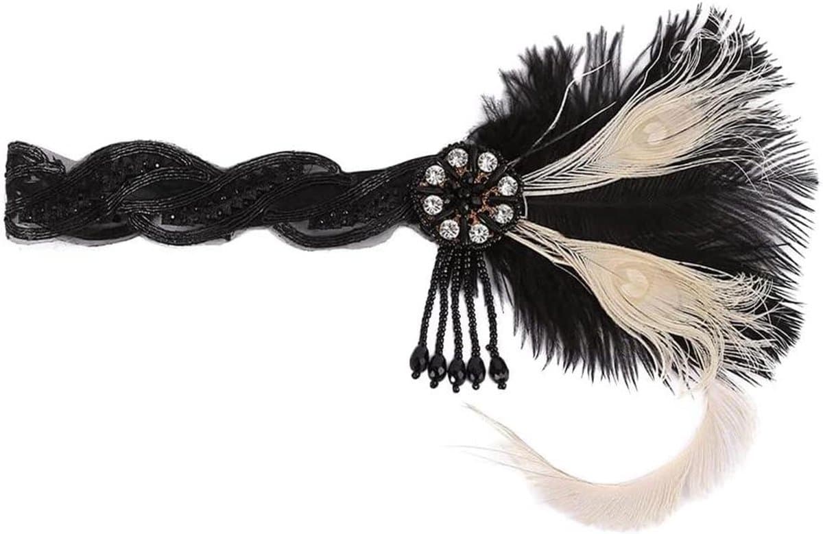 Hoofdband met veer - Dames haarband - Feestelijke outfit - Kristallen versiering - 40 g - Zwart