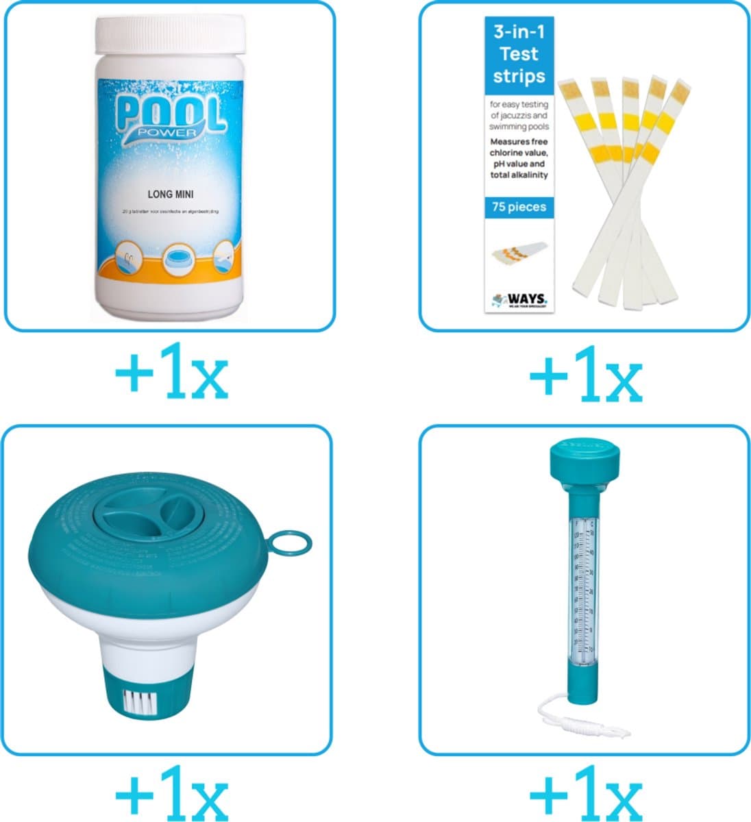 Zwembad Onderhoudspakket - Onderhoud Zwembad - bevat Chloor - Testrips - Chloordrijver en Thermometer (4-delig)