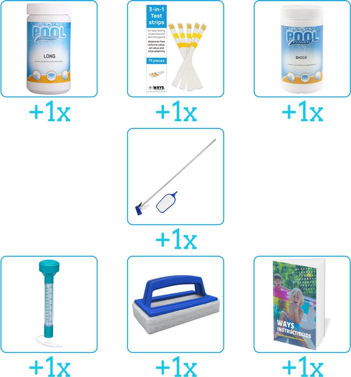 Zwembad Onderhoudspakket - Onderhoud Zwembad - bevat Chloor - Testrips - Chloor - Schoonmaakset - Thermometer - Scrubborstel en Zwembadgids (7-delig)