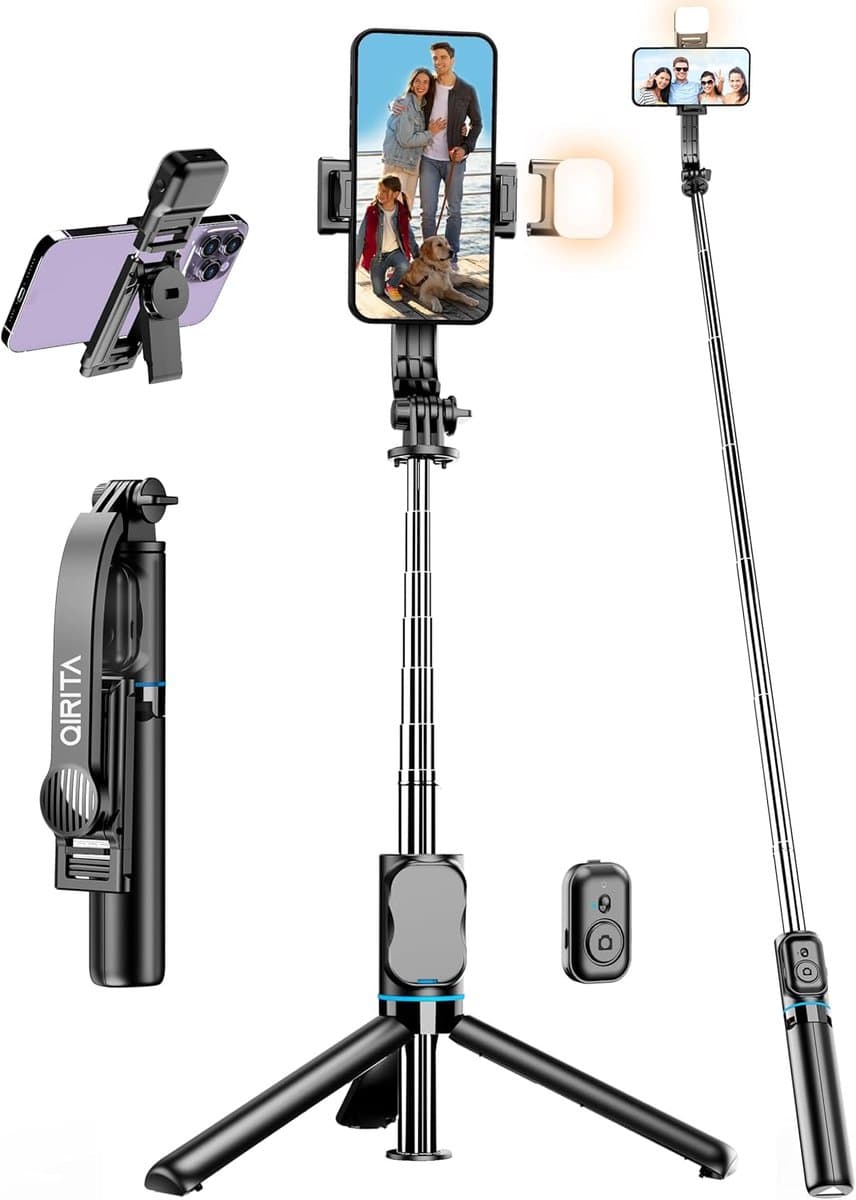 Selfie Stick - Telefoon Statief - Vloggen Livestreamen - Met Ringlicht - 107cm Uitschuifbaar - Zwart
