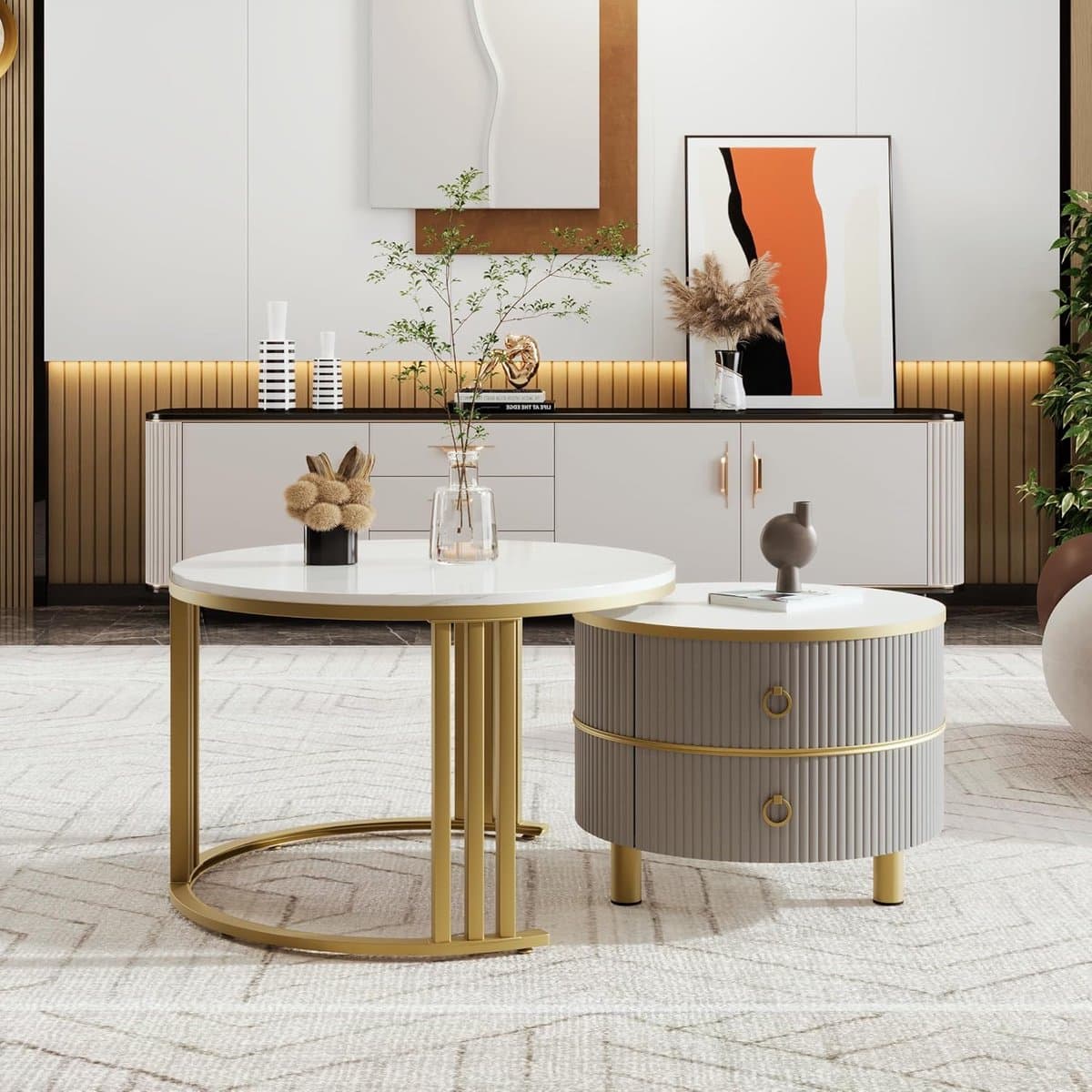 Salontafel Set - Bijzettafels - Woonkamer Opbergen - Marmer Look - Twee Stuks - Grijs