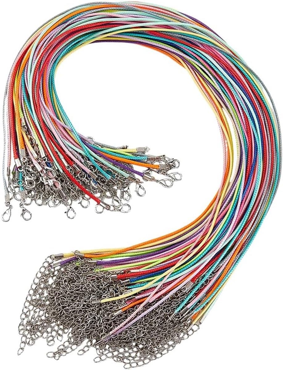Set van 50 Stuks 1.5mm PU Leren Koord Kettingen in 5 Kleuren - Ronde Vlechtwerk Draad met Zilveren Sluiting en RVS Verlengstuk voor Heren en Dames - Perfect voor Sieraden DIY en Creatief Gebruik