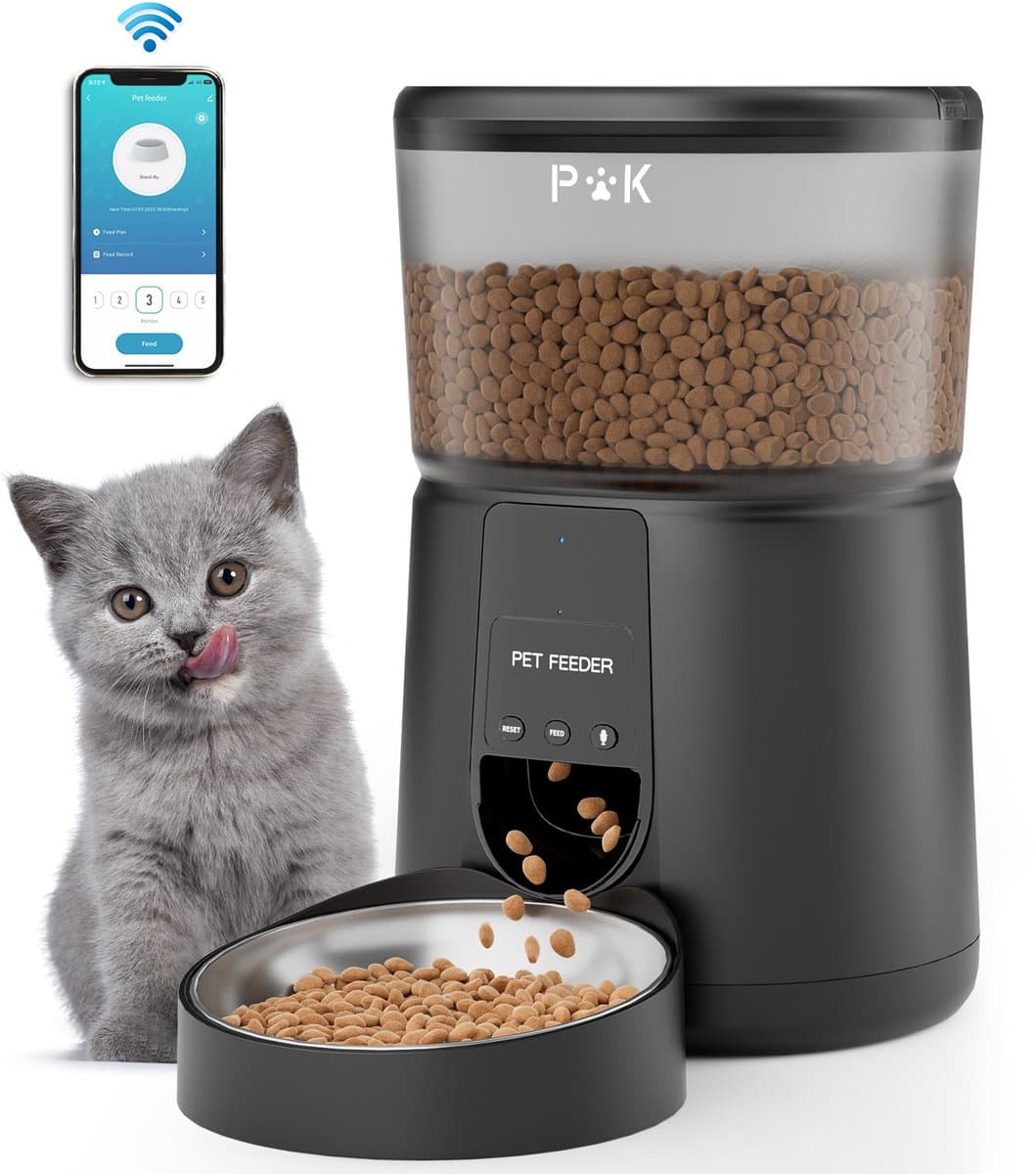 PUPPY KITTY Automatische Voerbak Zwart - Kat en Hond -Voerautomaat Met App - Voice Recorder - WiFi - 4L