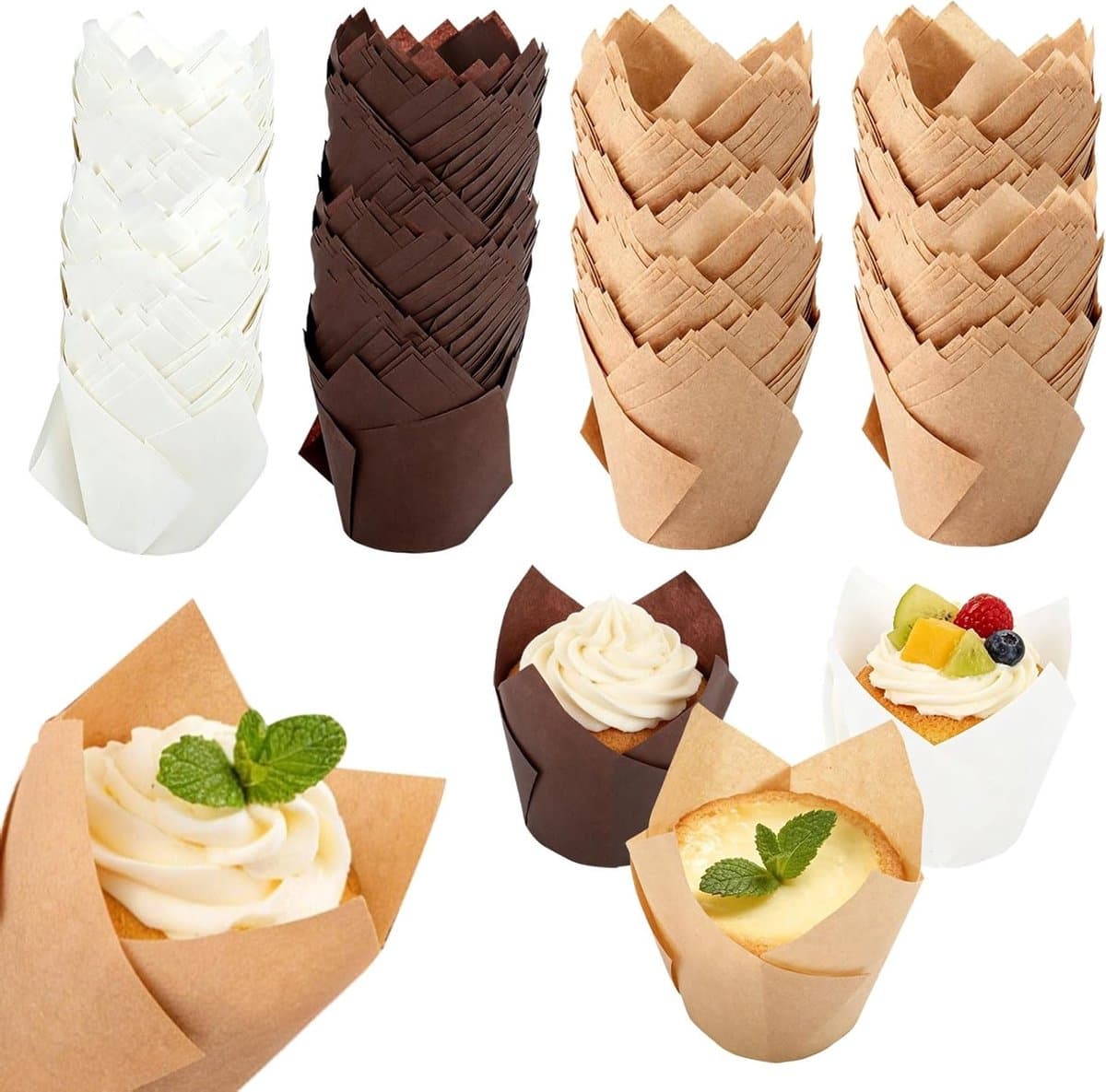 200 stuks Papieren Muffinvoeringen en Cupcake Bakvormpjes voor Feesten, Verjaardagen en Bruiloften (Zwart/Bruin/Wit)