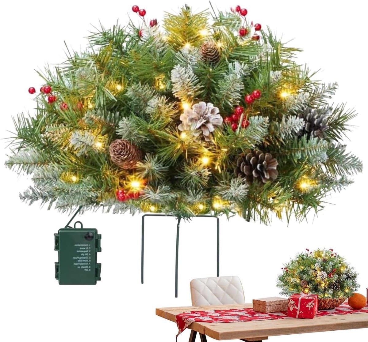 Kunstkerstboom vuller - Verlichte plantenbak - Feestelijke decoratie - Batterijgevoed met timer - 40 cm hoog - Groen
