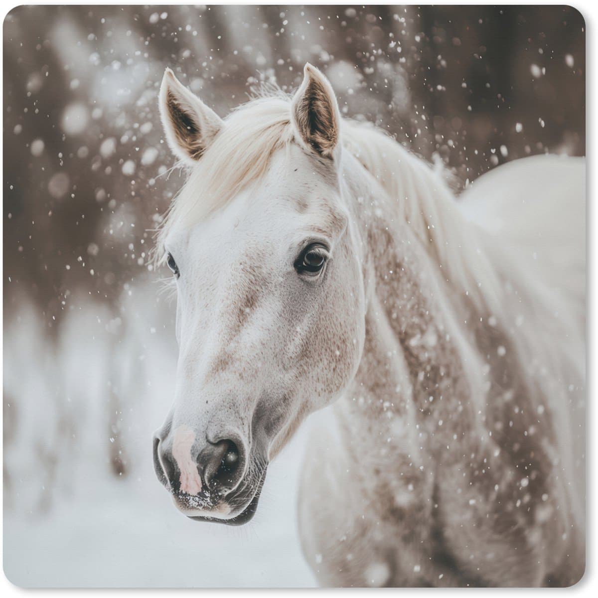 Muismat XXL 60x60 cm - Bureau onderlegger - Bureau mat Paard - Wit - Winter - Natuur - Sneeuw - Dieren - Bureaumat - Gaming mousepad xl - Bureaulegger groot - Computer deskmat