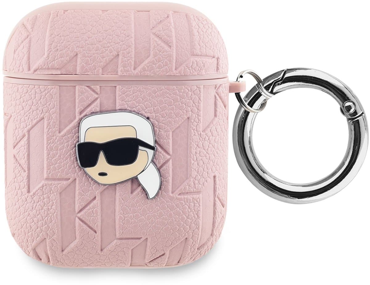 Karl Lagerfeld, Zaak voor AirPods 1 / 2 met monogram en Karl hoofdmotief in reliëf, Roze